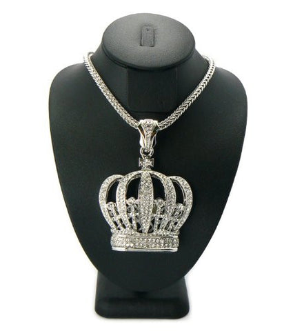 Silver Tone Iced Out Royal Crown Pendant w/ 4mm 36" Franco Chain MP435R