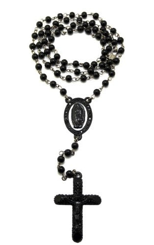 Iced Out Virgin Mary and Crucifix Cross Pendant 6mm 38" Glass Bead Rosary Necklace - Jet-Tone