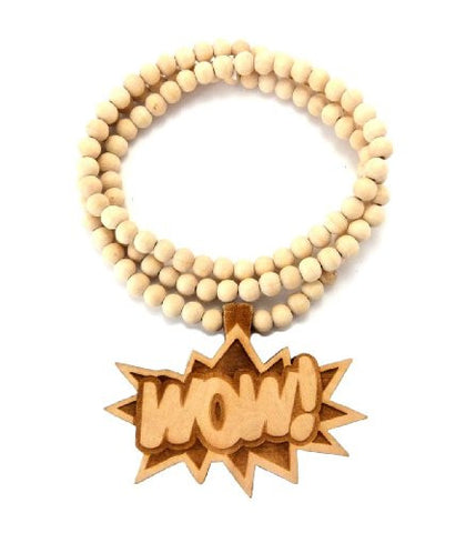 Wow! Bomb Engraved Wood Pendant 36" Wooden Bead Chain Necklace in Natural-Tone WJ68NL
