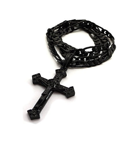 Jet Black Crucifixion Cross Charm 5mm 24" Figaro Chain Necklace MSP328BP