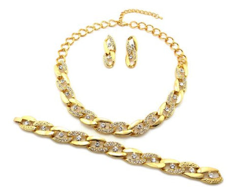 Rhinestone Accent Curb Chain Necklace, Bracelet, Earrings Jewelry Set in Gold-Tone