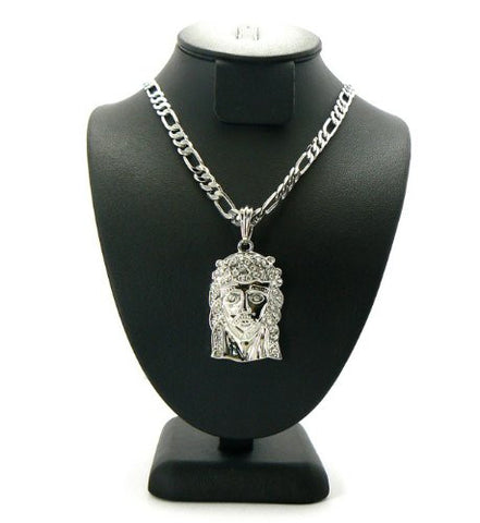 Silver Tone Good Jesus Pendant w/ 5mm 24" Figaro Chain MSP016R