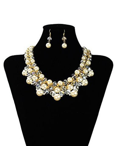 Assorted Size Faux Pearl Faceted Rondelle Beads Necklace and Earrings Jewelry Set