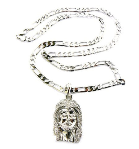 Pave Jesus Face Pendant w/ 5mm 24" Figaro Chain in Silver Tone MSP140R