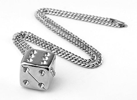 Rhinestone Dice Cube Pendant 35" Cuban Link Chain Necklace - Silver-Tone