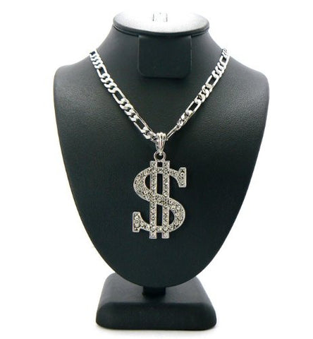 Paved $ Dollar Sign Pendant w/ 5mm 24" Figaro Chain in Silver Tone MSP115R