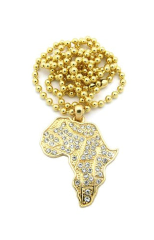 Iced Out Africa Micro Pendant w/ 3mm 27" Ball Chain in Gold Tone XMP15G