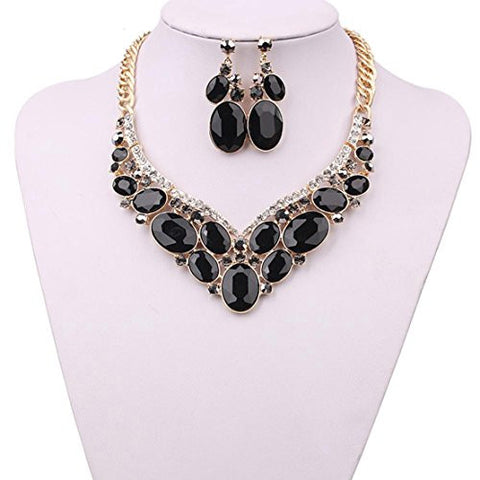 Oval Cut Jet Stone Pave Necklace and Earrings Jewelry Set in Gold-Tone