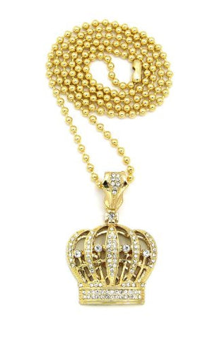 Iced Out Gold Tone Royal Crown Pendant 3mm 27" Ball Chain Necklace BXZ14G