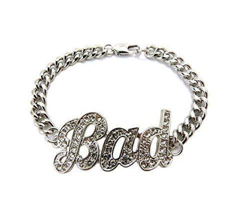 BAD Rhinestone Pave Charm 7.75" Link Bracelet in Silver-Tone