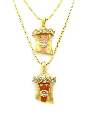 Paved Jesus Micro Pendant Set w/ Multi-Length Box Chains - Gold Tone RC308