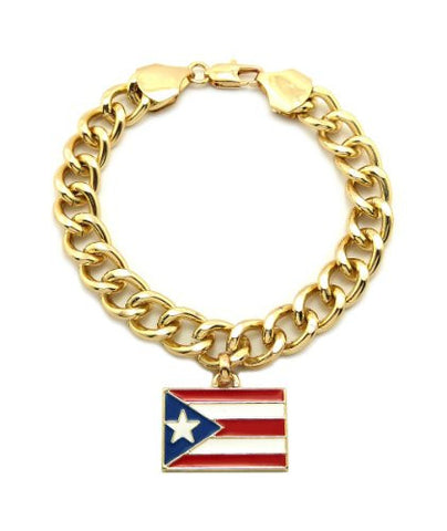 Puerto Rico Pendant 10mm 7" Link Chain Bracelet in Gold-Tone