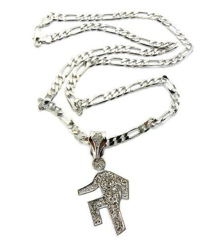 Iced Out Shufflin Shuffle Man Pendant w/ 24" Figaro Chain in Silver Tone MSP280R