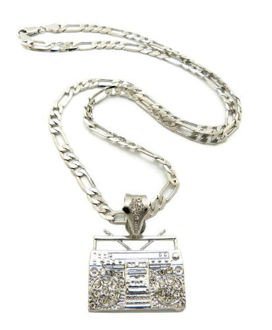 Stone Stud Boombox Blaster Micro Pendant with 5mm 24" Figaro Chain - Silver-Tone