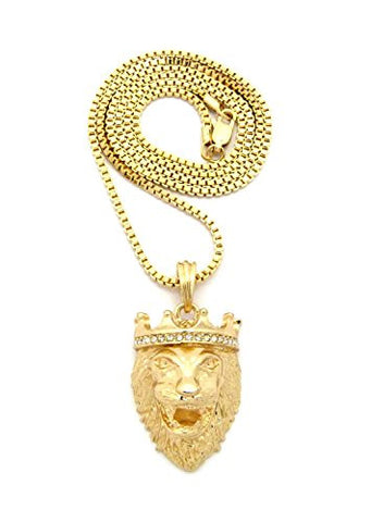 Stone Stud Crown King Lion Head Pendant w/ 2mm 24" Box Chain Necklace in Gold-Tone
