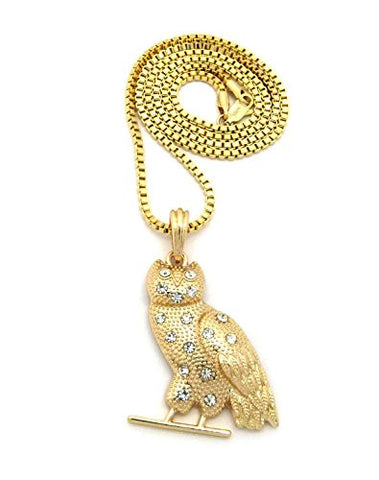 Rhinestone Studded Owl Pendant w/ 2mm 24" Box Chain Necklace in Gold-Tone