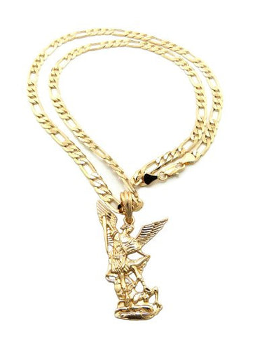 Michael Archangel Gold Tone Pendant 5mm 24" Figaro Chain Necklace XSP399G
