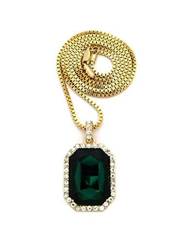 Hip Hop Rapperz Micro Faux Emerald Pendant 2mm 30" Box Chain Necklace in Gold-Tone