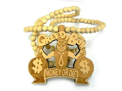 Greedy Boy Money or Die Wooden Pendant 8mm 36" Wood Bead Chain Necklace in Natural-Tone