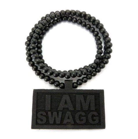I AM SWAGG Wood Plaque Pendant 36" Wooden Bead Chain Necklace in Black-Tone WJ169BK