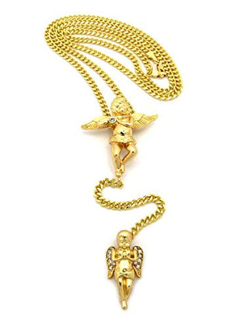 Solitaire & Pave Praying Angel Pendant 3.5mm 27" Cuban Link Chain Y-Necklace in Gold-Tone