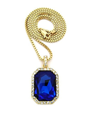 Hip Hop Rapperz Micro Faux Sapphire Pendant 2mm 30" Box Chain Necklace in Gold-Tone