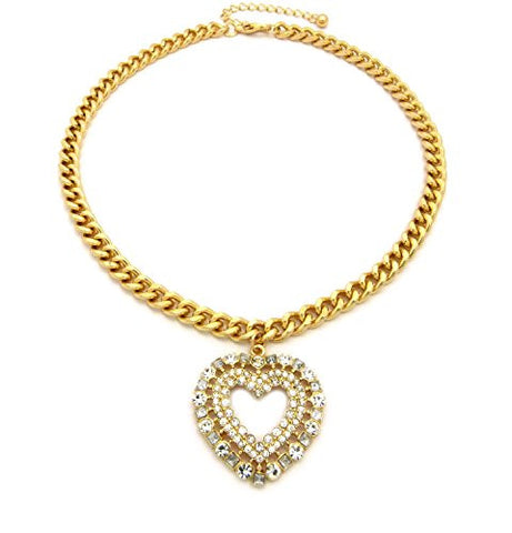 Pave Hollow Heart Pendant 8mm 18" + Extension Link Chain Necklace in Gold-Tone