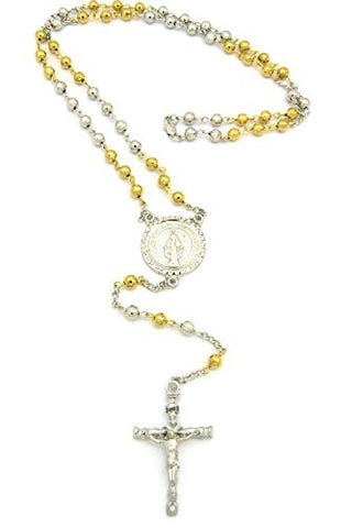 Pave Round St. Mary and Ripple Crucifix Jesus Cross Pendant 36" Rosary Bead Necklace - Two Tone