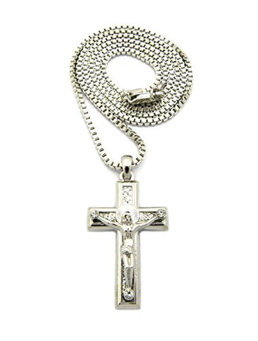 Stone Stud Crucifix Jesus Cross Pendant 2mm 24" Box Chain Necklace in Silver-Tone