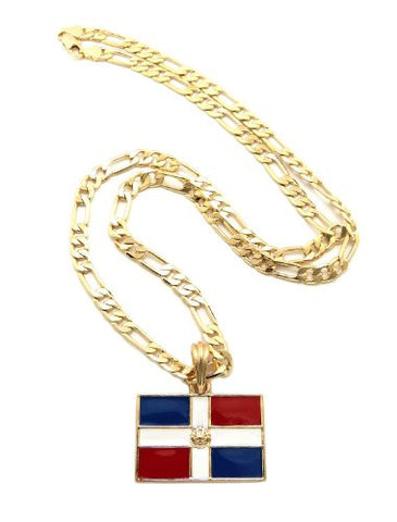 Dominican Republic Flag Pendant with 5mm 24" Figaro Chain Necklace - Gold-Tone