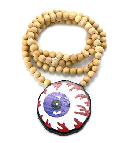 Eye Ball Colored Wood Pendant 36" Wooden Bead Chain Necklace in Natural-Tone WX33NL