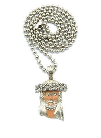 Paved Jesus Pink Accent Micro Pendant w/ 27" Ball Chain - Silver Tone MMP5RAP