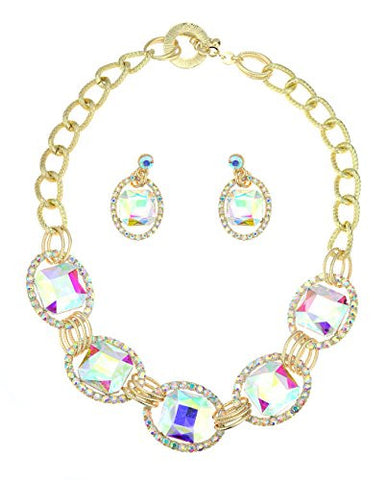 Encircled Radiant Cut Aurora Borealis Stone Necklace and Earrings Jewelry Set