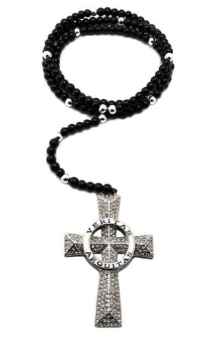 Silver Tone Paved Veritas Aequitas Cross 38" Glass Bead Rosary Necklace XC288R