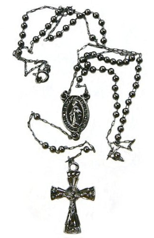 Hematite Tone Mother Mary Jesus Cross Pendant 3mm 33" Bead Rosary Necklace