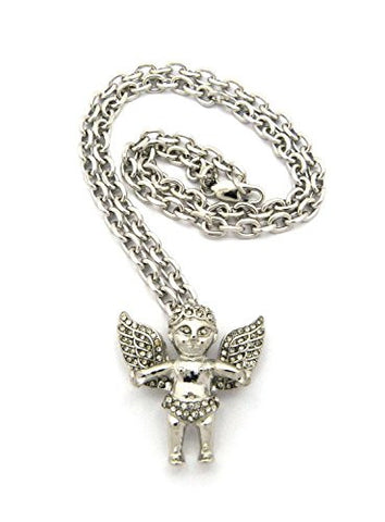Pave Little Angel Pendant 4mm 18" Link Chain Necklace for Women - Silver-Tone