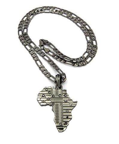 Patterned Africa Pendant w/ 5mm 24" Figaro Chain Necklace In Hematite-Tone