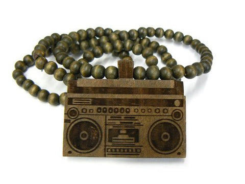 Hip Hop Boombox Wood Pendant 36" Wooden Bead Chain Necklace in Brown-Tone WJ80BRN
