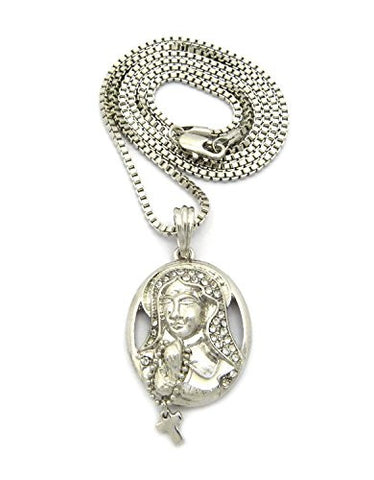 Pave Jesus Ring Pendant 2mm 24" Box Chain Necklace in Silver-Tone