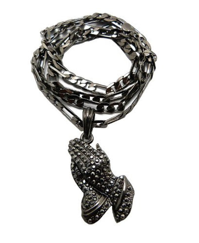 Pave Praying Hands Pendant w/ 24" Figaro Chain in Hematite Tone MSP228HE