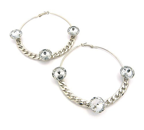 Chain Look 3 Rhinestone Charm 3" Hoop Earrings in Silver-Tone JE7014RDCLR