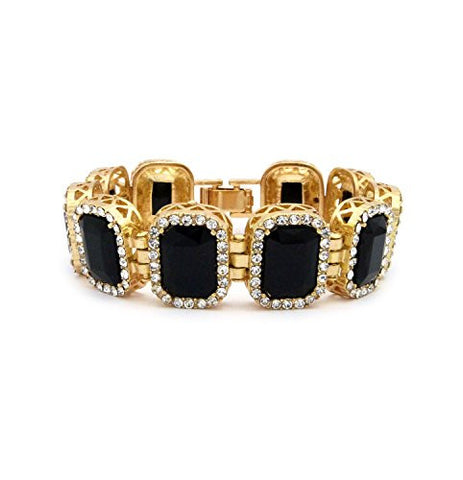 Rhinestone Studded Faux Onyx Stone Pendant Hip Hop Fashion Bracelet in Gold-Tone