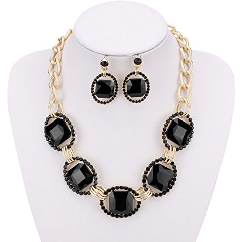 Encircled Radiant Cut Jet Stone Necklace and Earrings Jewelry Set in Gold-Tone