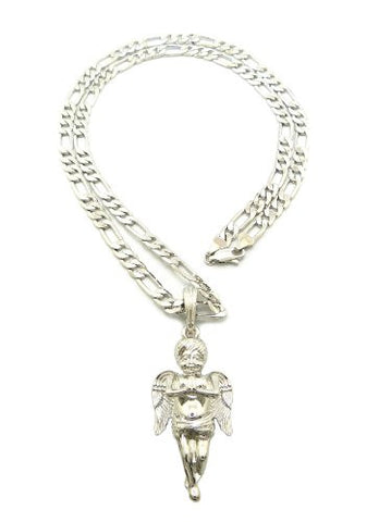 Praying Cherub Angel Silver Tone Pendant 5mm 24" Figaro Chain Necklace SP4R