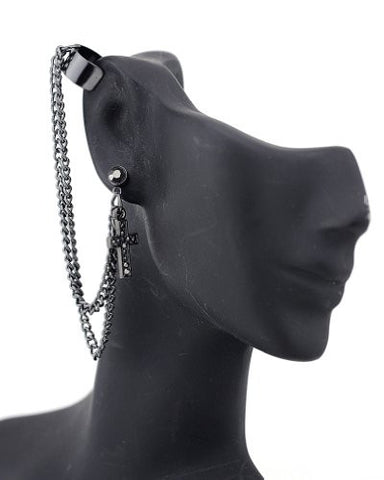 Pave Cross Charm Chain Link Stud Earring in Hematite-Tone
