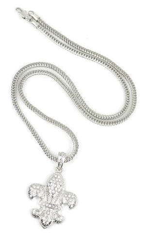 Iced Out Silver Tone Fleur de Lys Pendant w/ 3mm 23.5" Franco Chain PHC4038S