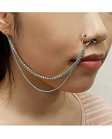 Pierced Hook Earring To Clip On Nose Hoop Ring w/ Triple Strand Stone Stud Chain in Silver-Tone
