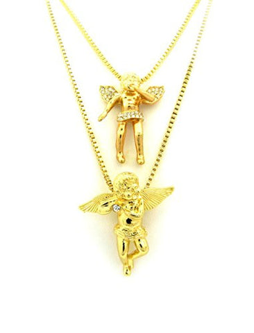 Pave Angel Micro Pendant Set w/ Multi-Length Box Chains - Gold Tone RC317G