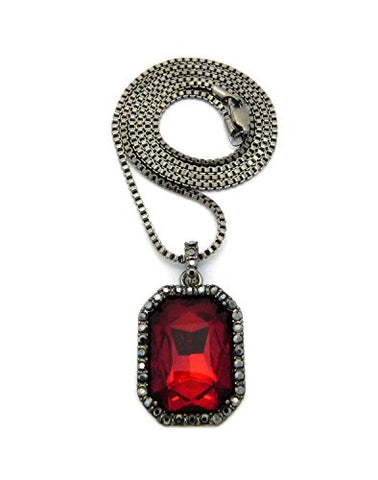 Micro Faux Ruby Stone Pendant 2mm 24" Box Chain Necklace in Hematite-Tone