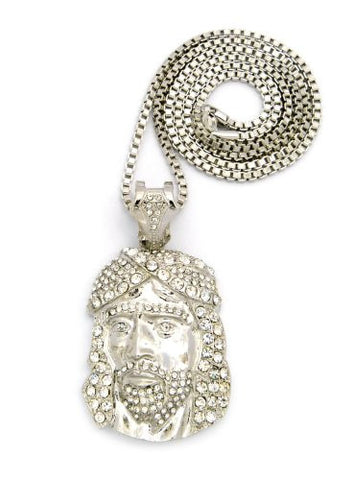 Iced Out Jesus Face Pendant in Silver Tone w/ 3mm 30" Box Chain RC237R
